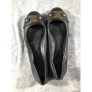 Tory Burch Black Leather Clines Ballet Flats Shoes Slip on Gold Buckle sz 10 1/2